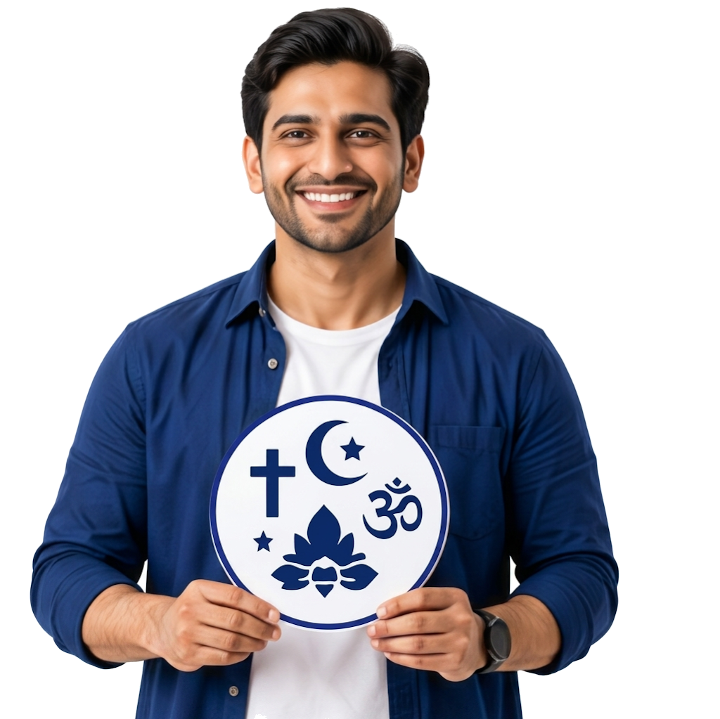 Person holding interfaith symbols representing temples, churches, mosques and community